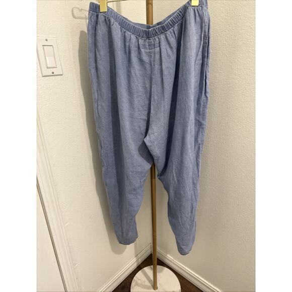 FLAX 100% Linen Lagenlook Wide Leg Elastic Pull On Waist Pants Size Large Blue - Picture 3 of 5